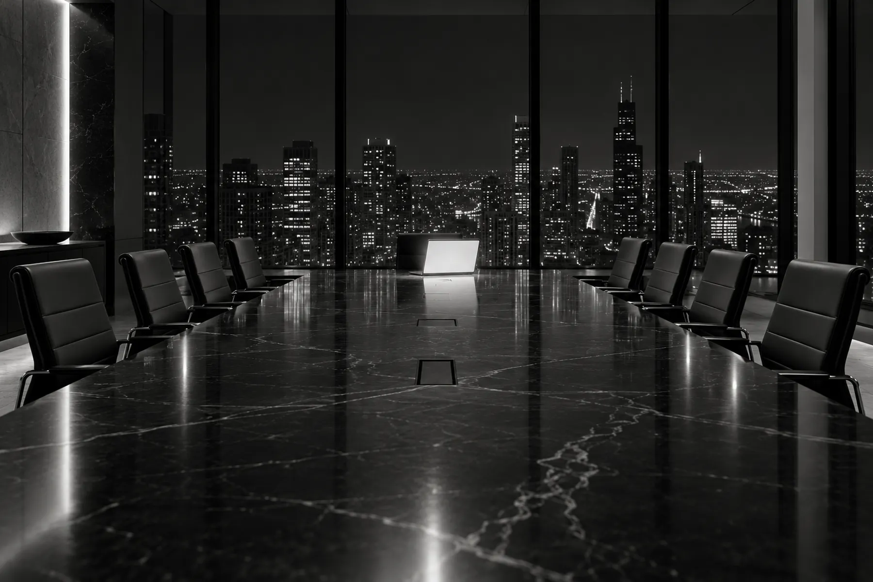 An empty boardroom at night