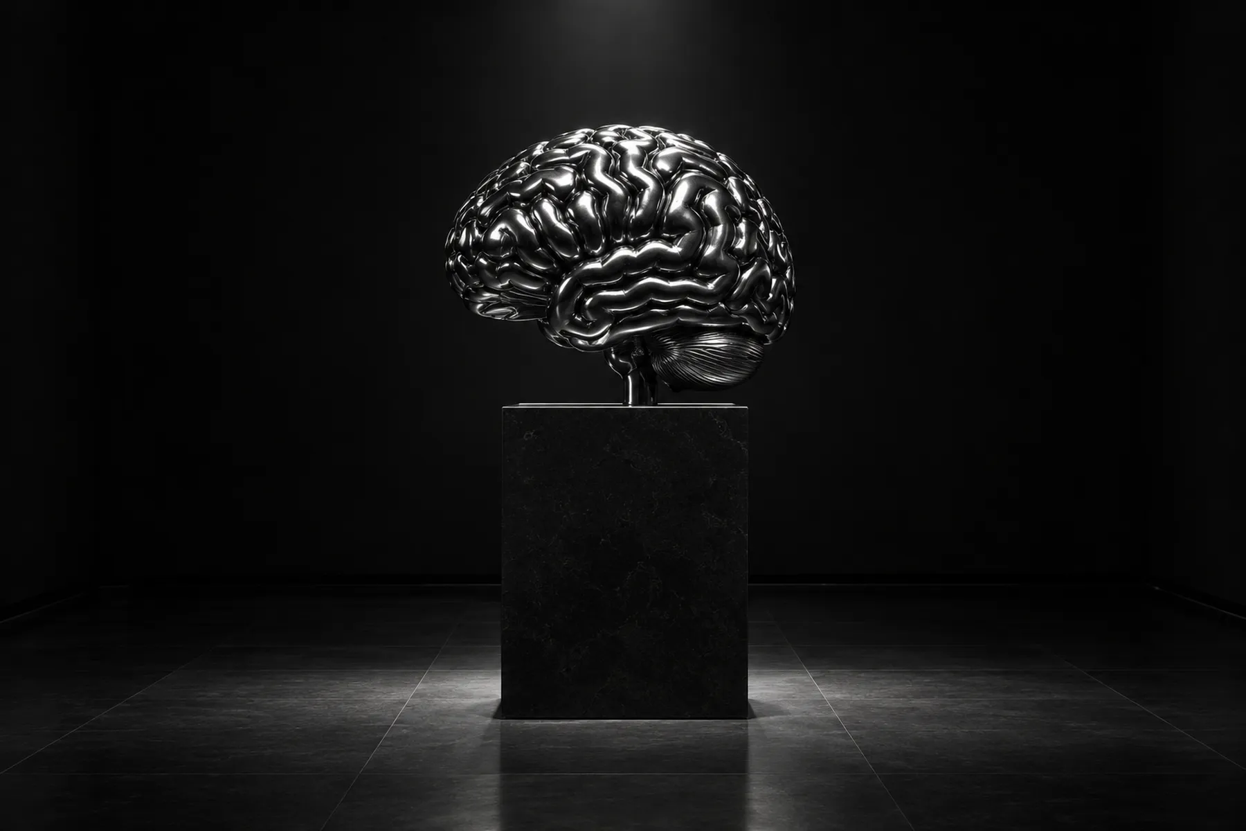 A chrome brain sculpture on a black plinth